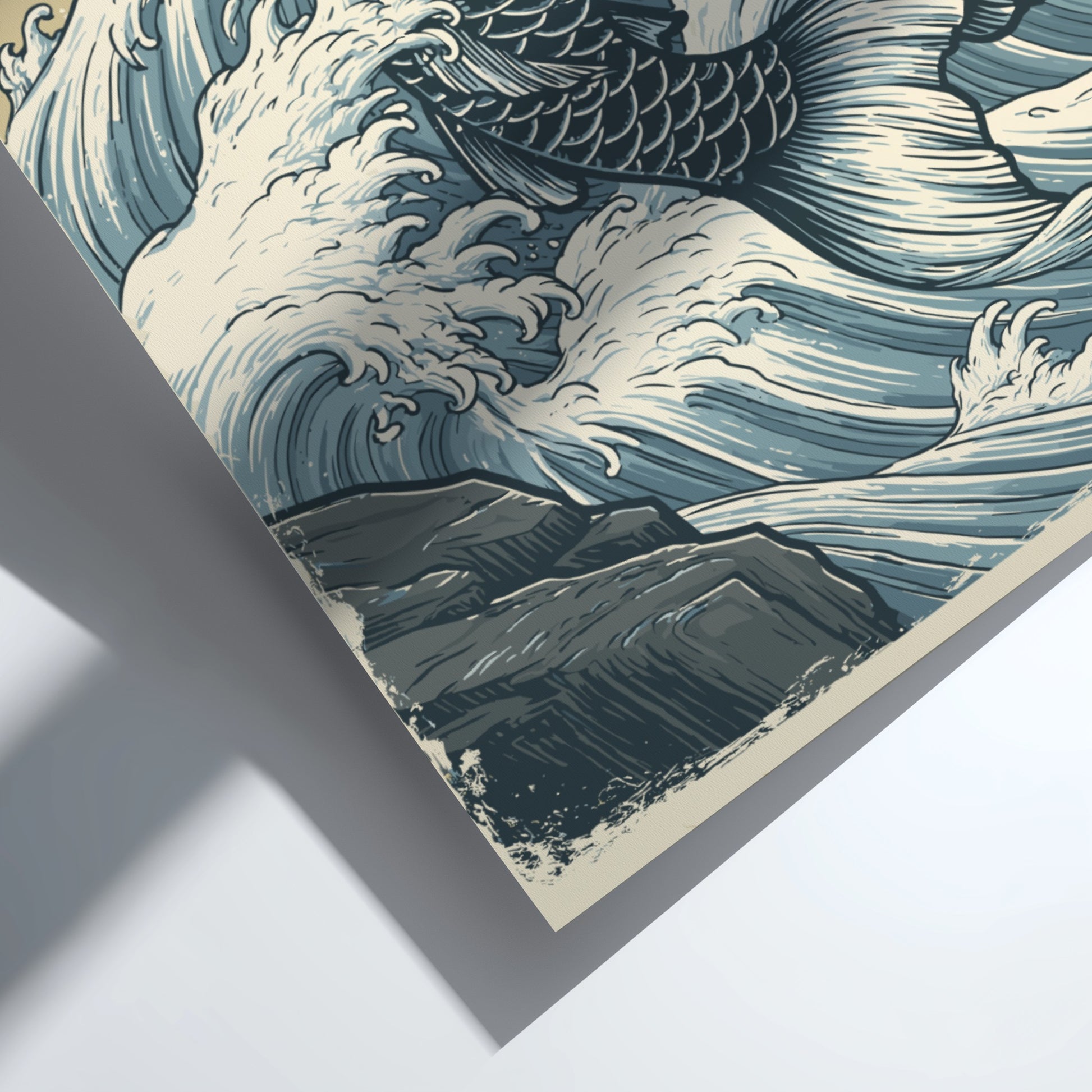 Japanese art style poster of a red and blue koi fish leaping through crashing waves.