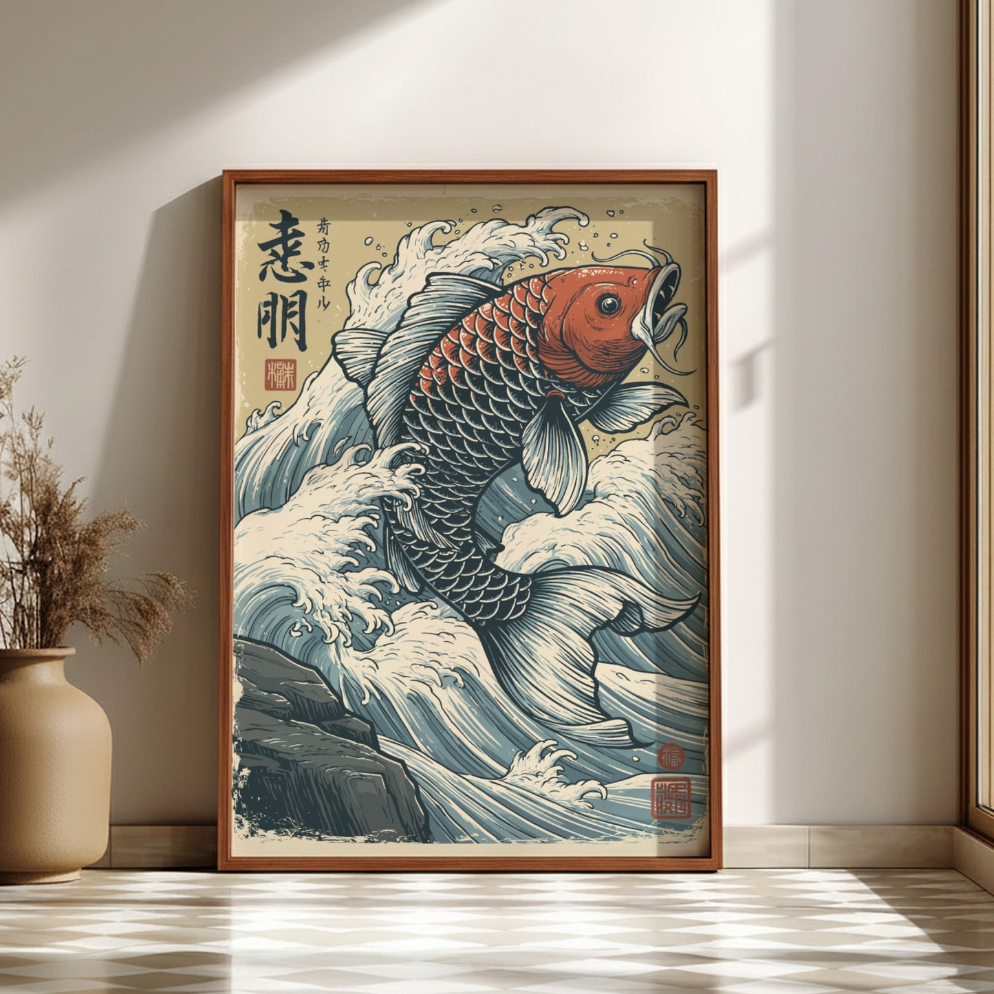 Japanese art style poster of a red and blue koi fish leaping through crashing waves.