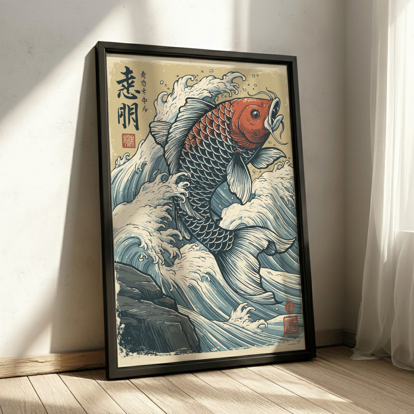 Japanese art style poster of a red and blue koi fish leaping through crashing waves.