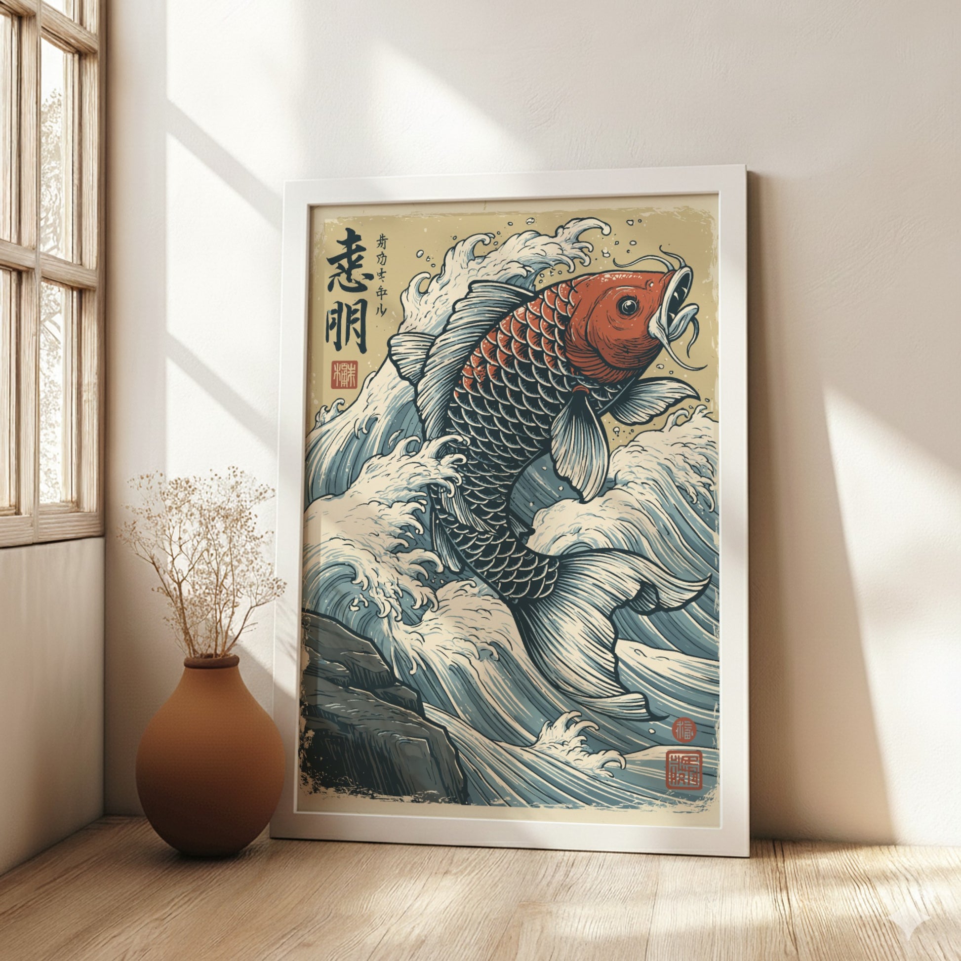 Japanese art style poster of a red and blue koi fish leaping through crashing waves.