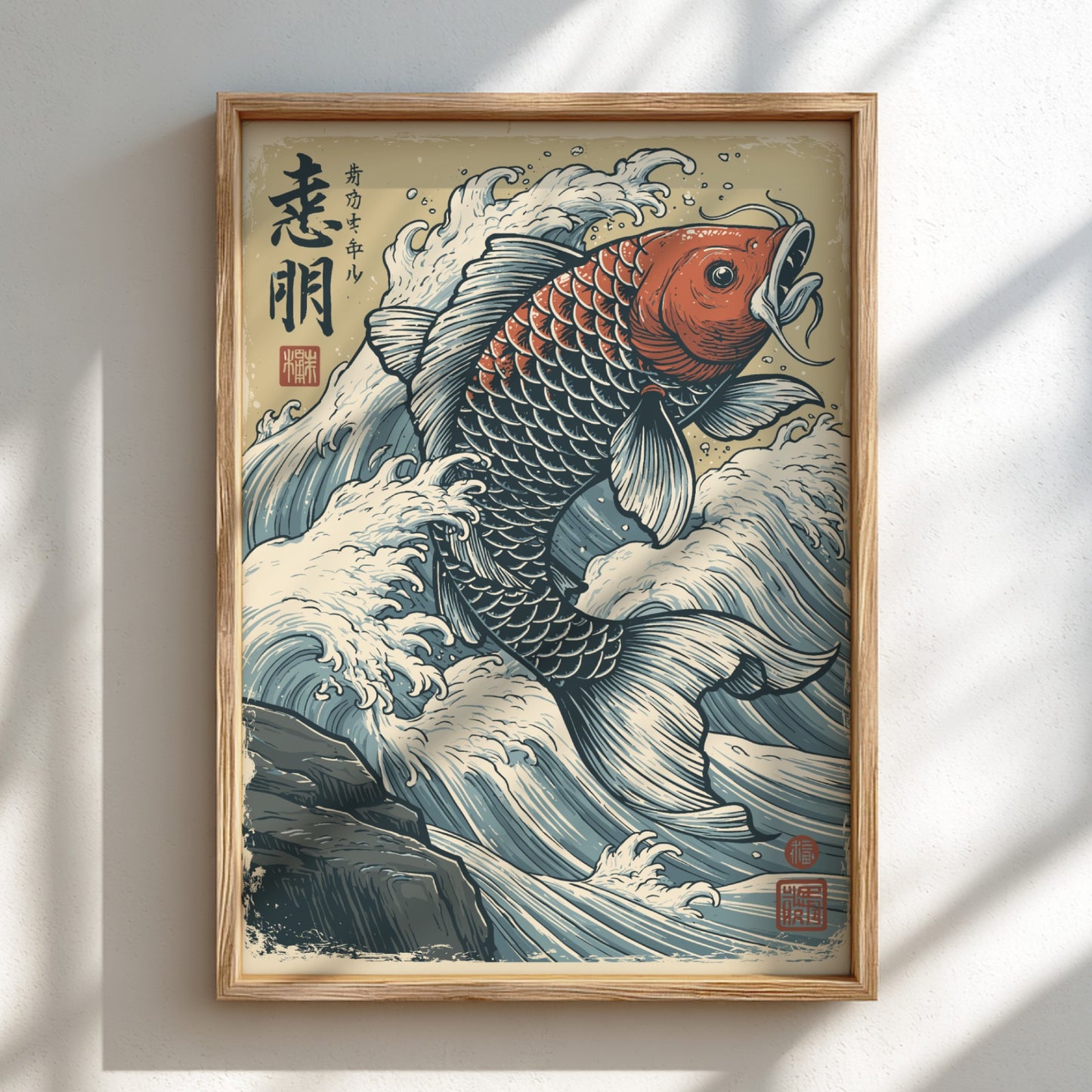 Japanese art style poster of a red and blue koi fish leaping through crashing waves.