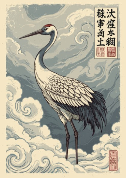 Japanese Crane Poster in traditional art style with clouds, featuring a crane and Japanese text.