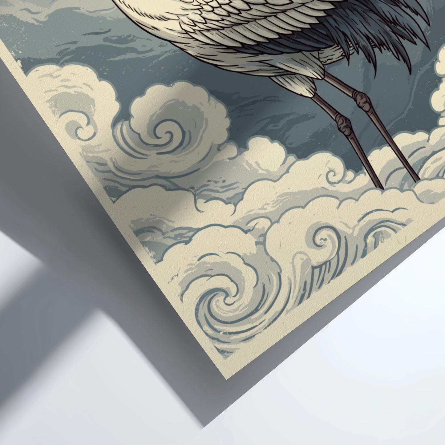 Japanese Crane Poster in traditional art style with clouds, featuring a crane and Japanese text.