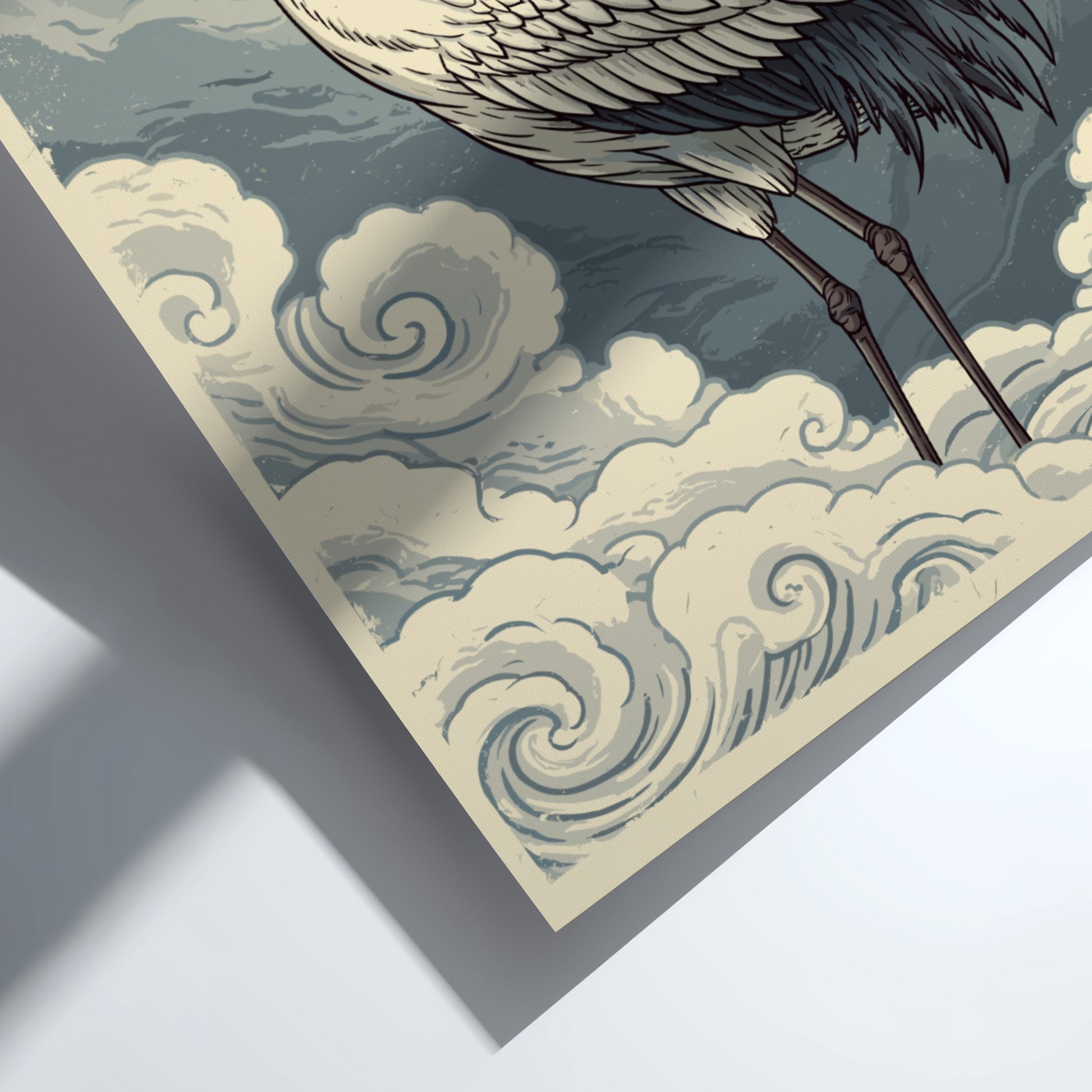 Japanese Crane Poster in traditional art style with clouds, featuring a crane and Japanese text.