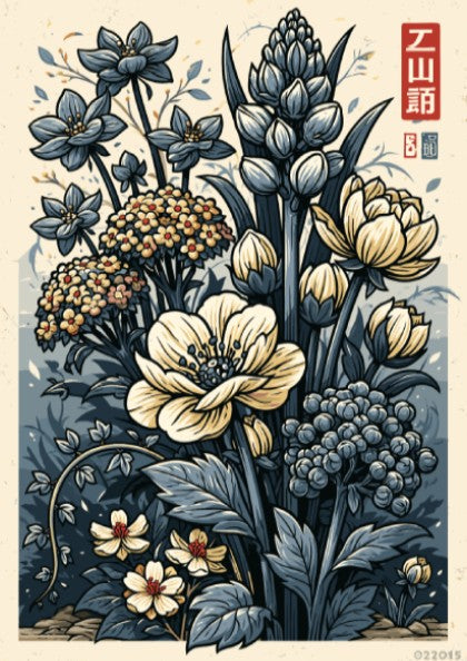 Japanese art style poster featuring a bouquet of blue and cream flowers with delicate details and a muted