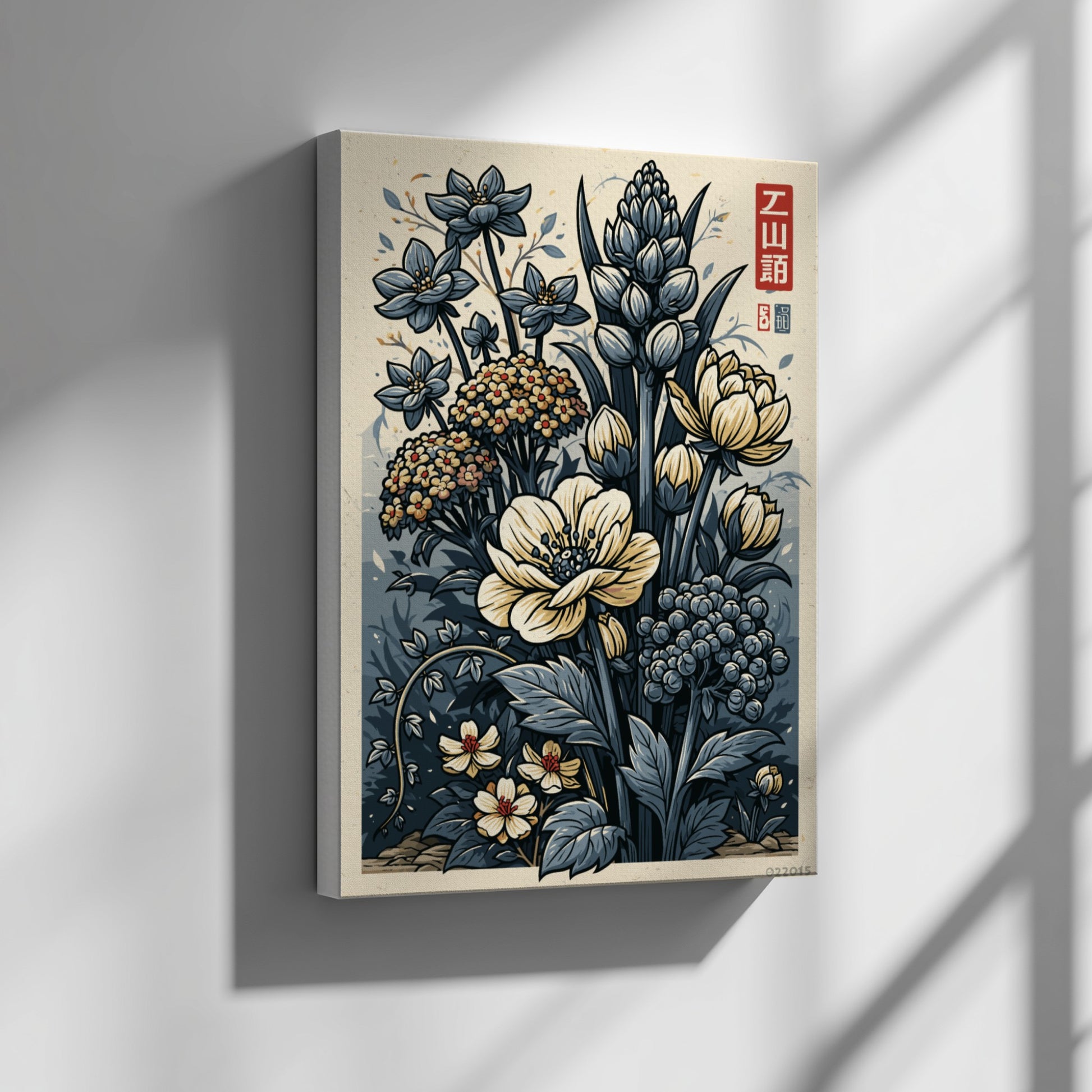 Japanese art style poster featuring a bouquet of blue and cream flowers with delicate details and a muted