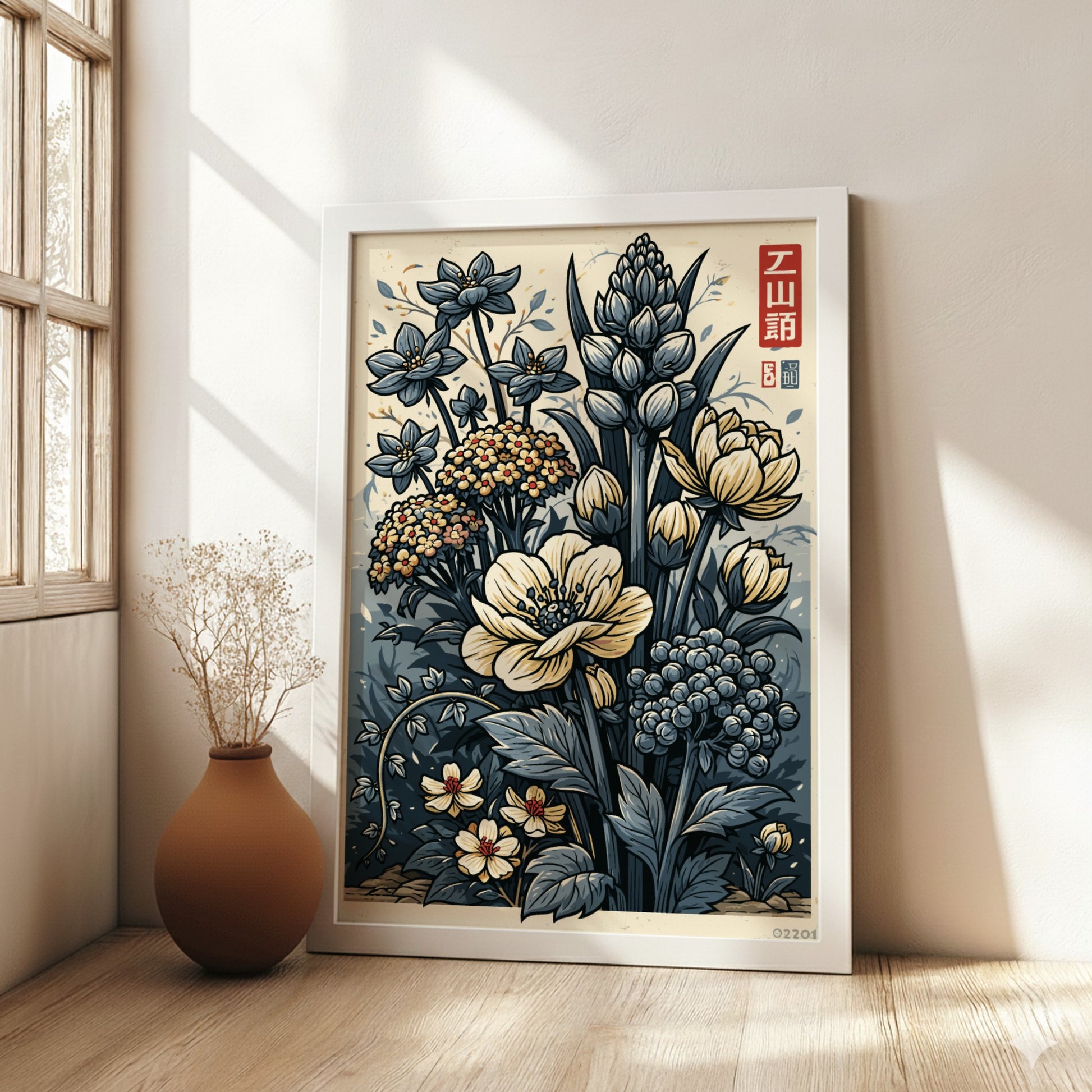 Japanese art style poster featuring a bouquet of blue and cream flowers with delicate details and a muted