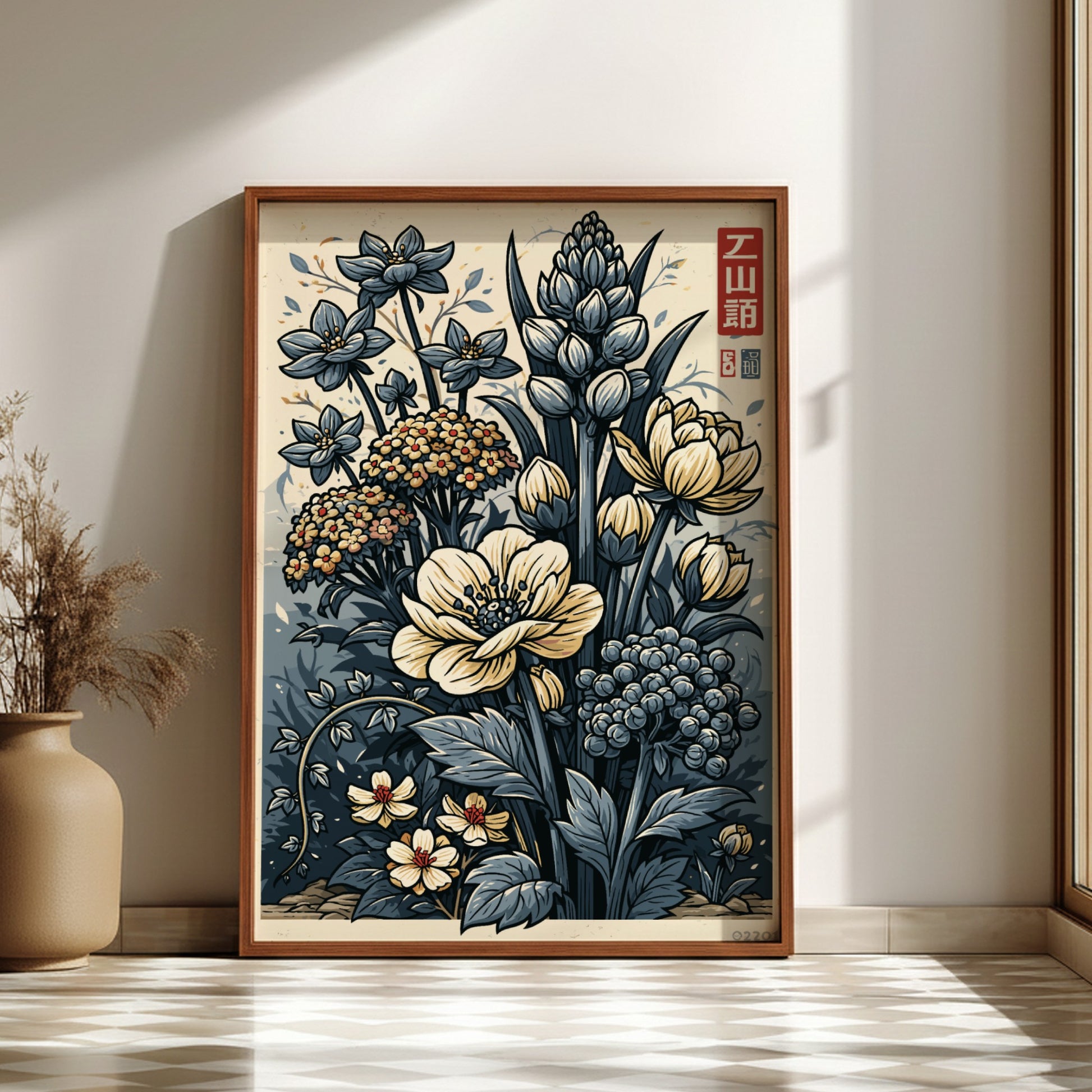 Japanese art style poster featuring a bouquet of blue and cream flowers with delicate details and a muted