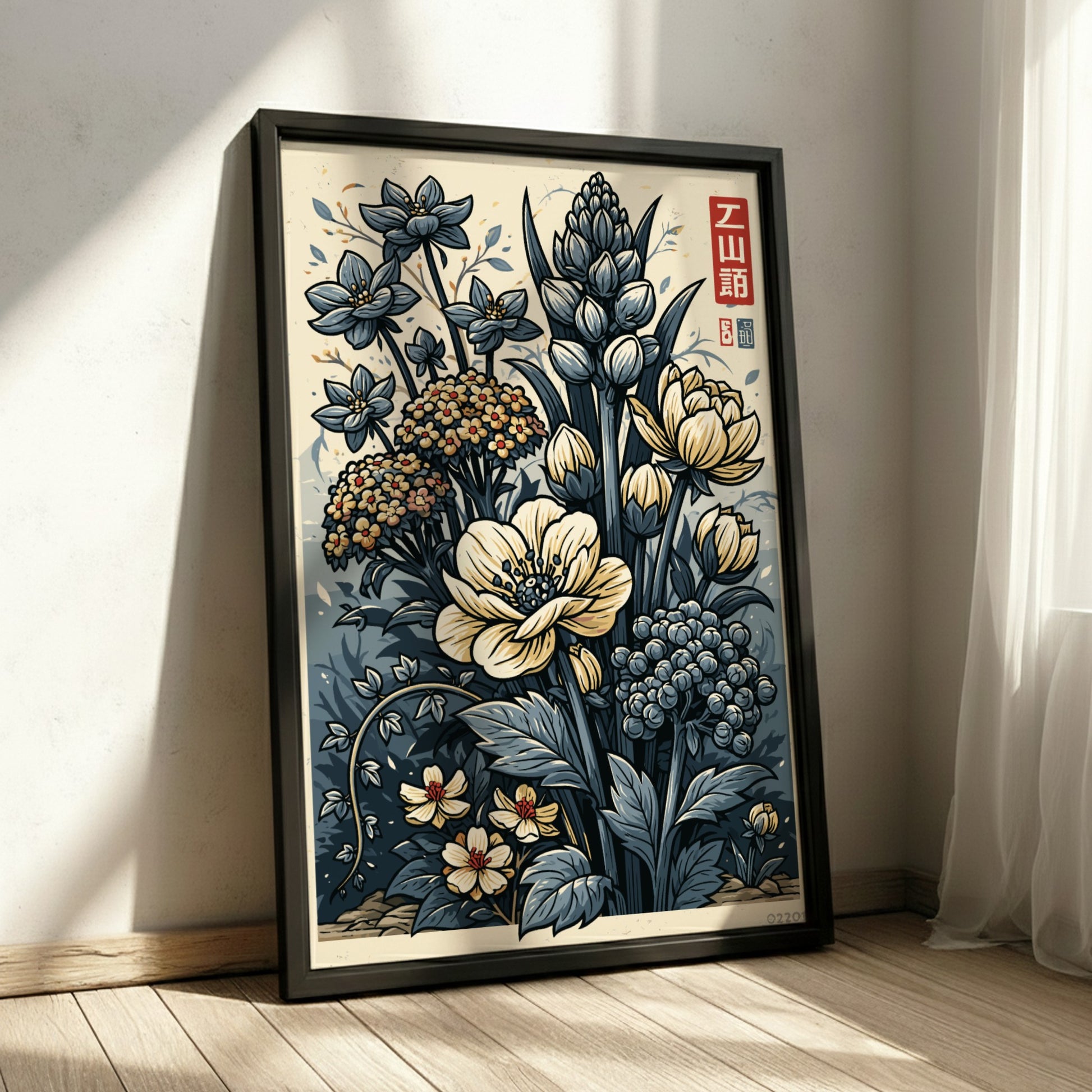 Japanese art style poster featuring a bouquet of blue and cream flowers with delicate details and a muted