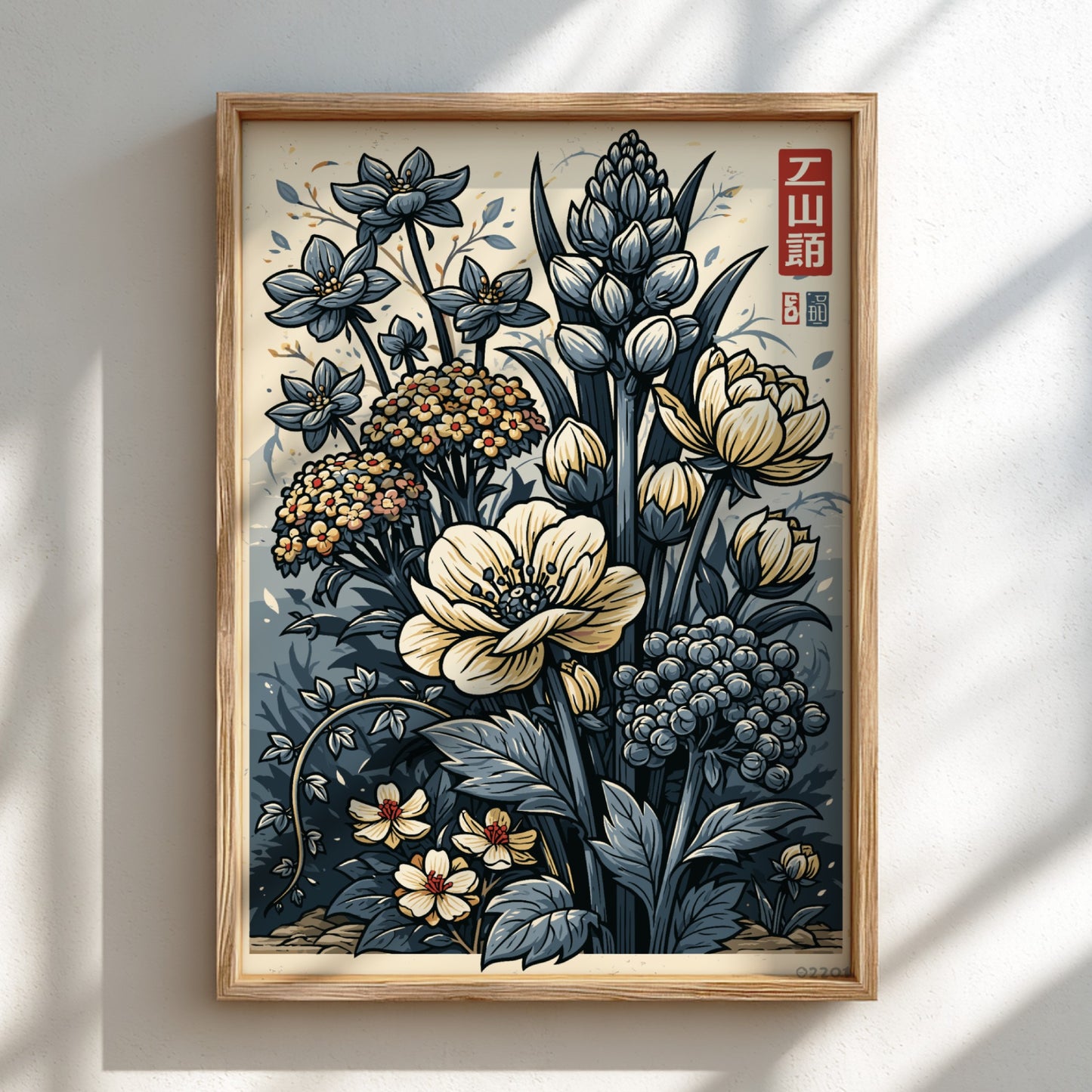 Japanese art style poster featuring a bouquet of blue and cream flowers with delicate details and a muted