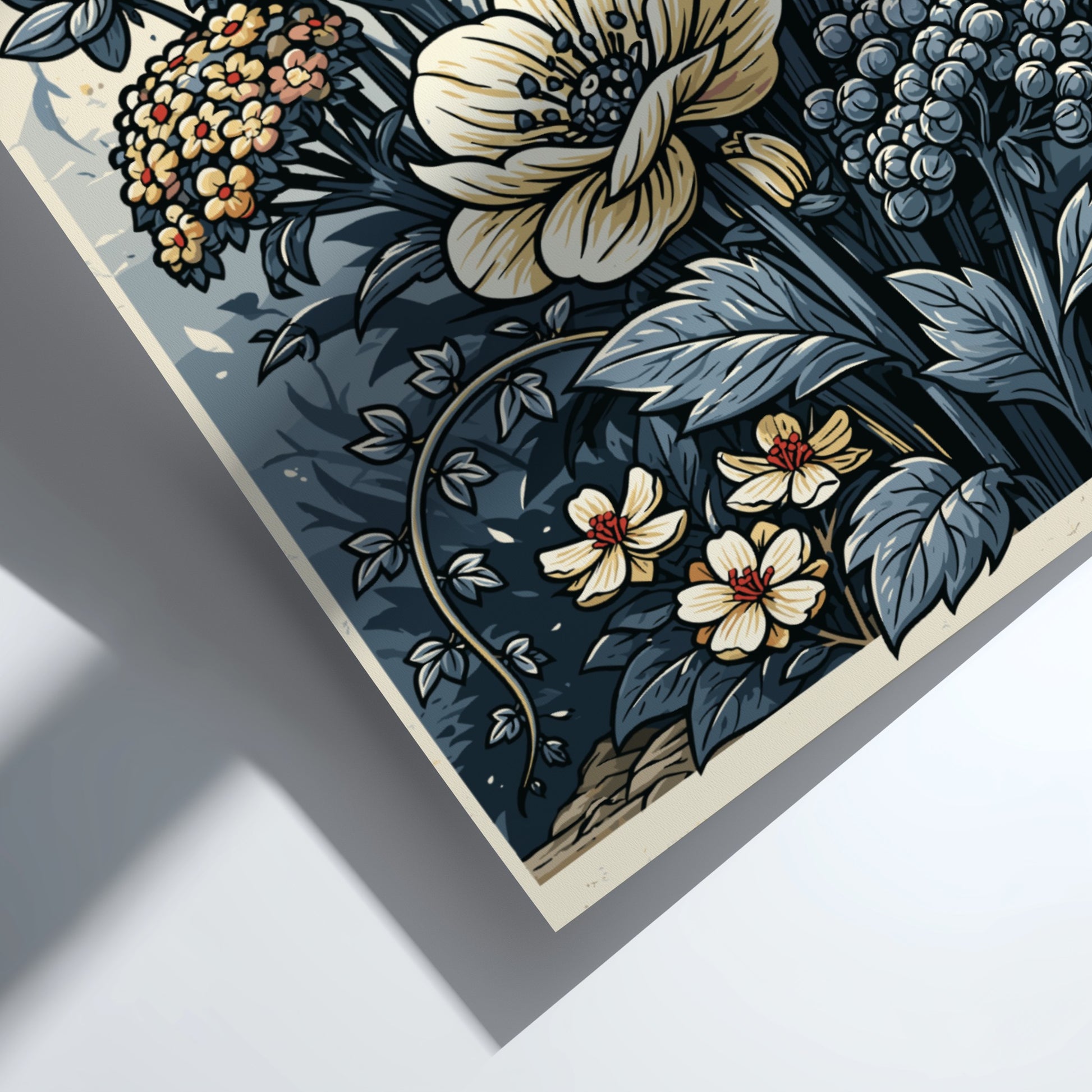 Japanese art style poster featuring a bouquet of blue and cream flowers with delicate details and a muted