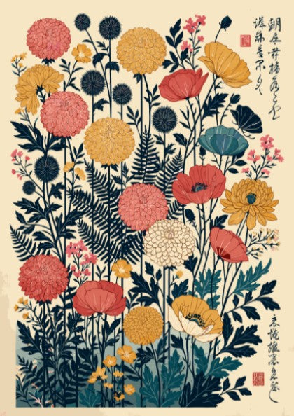 Japanese art style poster featuring a vibrant arrangement of navy, coral, and yellow flowers and ferns.
