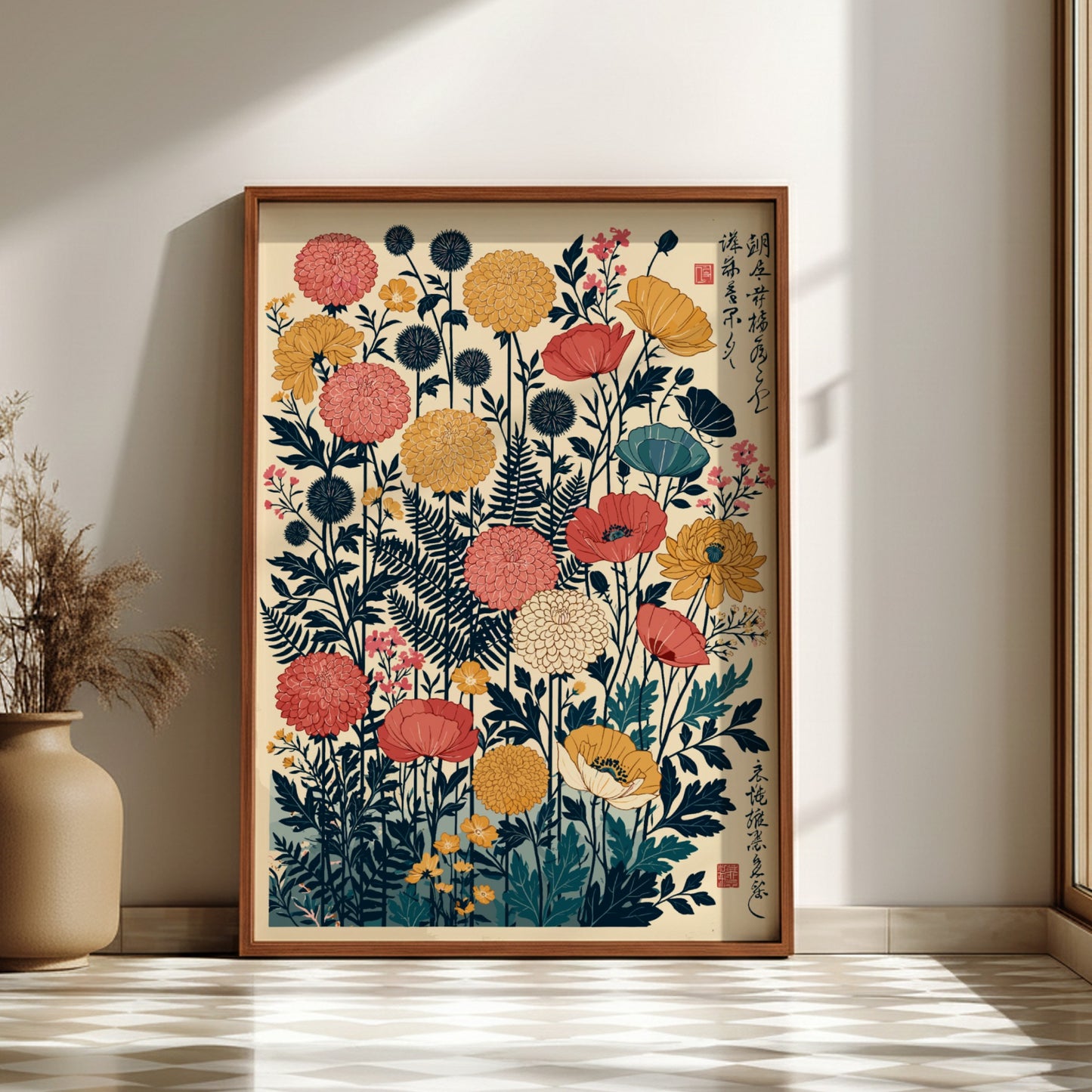 Japanese art style poster featuring a vibrant arrangement of navy, coral, and yellow flowers and ferns.