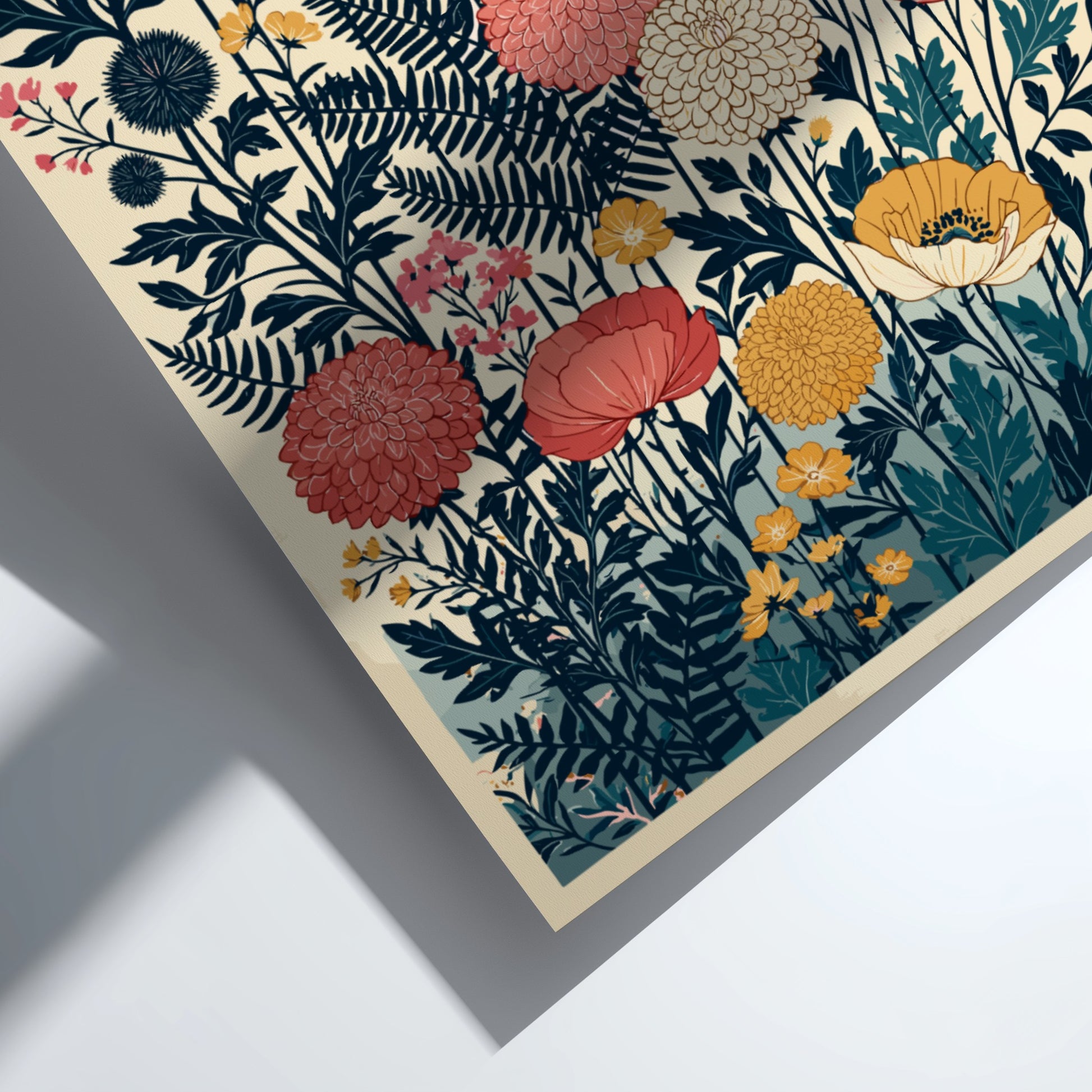 Japanese art style poster featuring a vibrant arrangement of navy, coral, and yellow flowers and ferns.