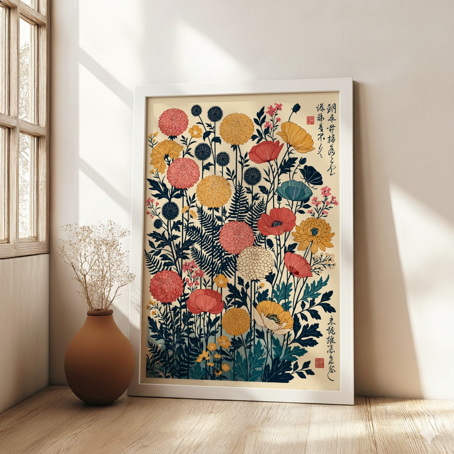 Japanese art style poster featuring a vibrant arrangement of navy, coral, and yellow flowers and ferns.