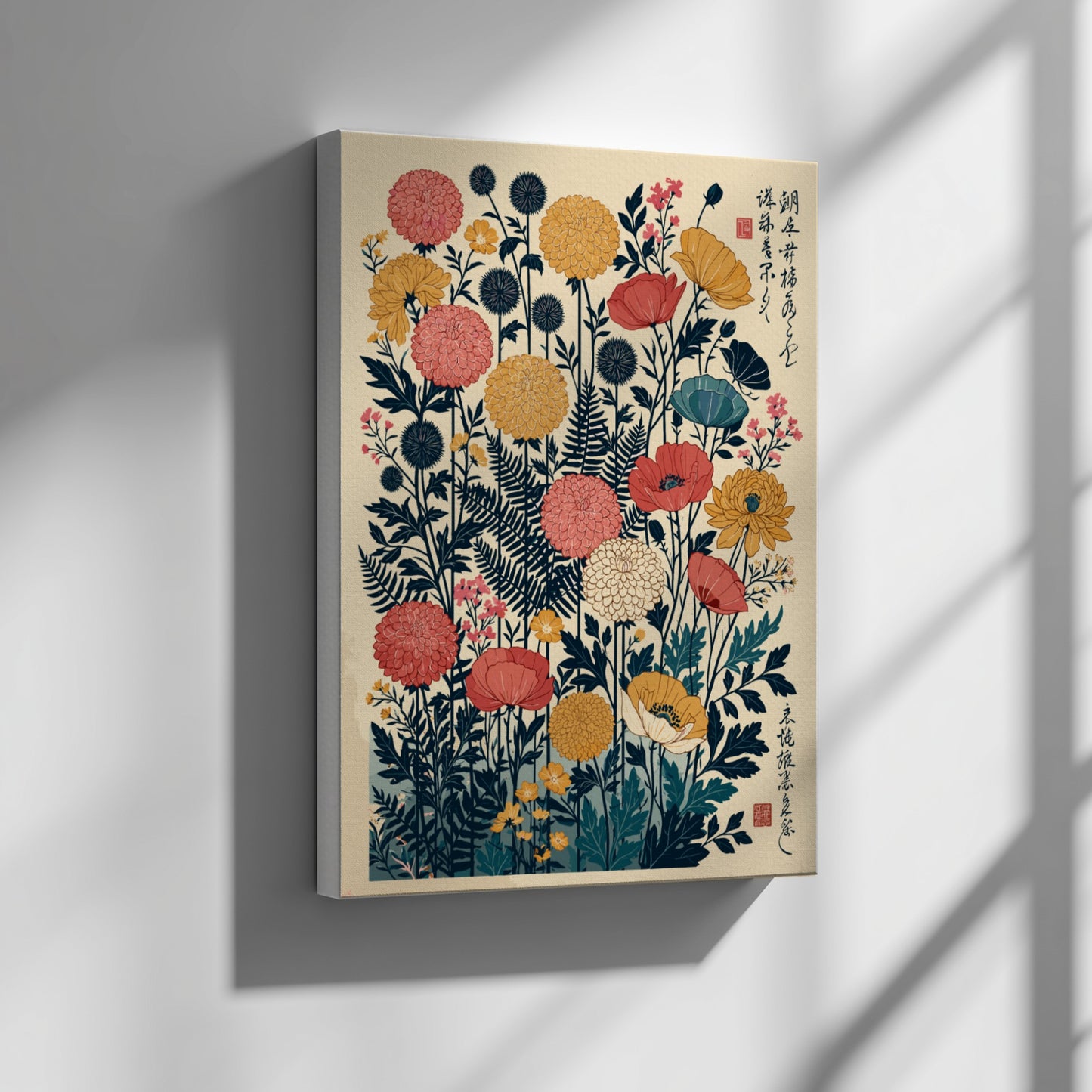 Japanese art style poster featuring a vibrant arrangement of navy, coral, and yellow flowers and ferns.