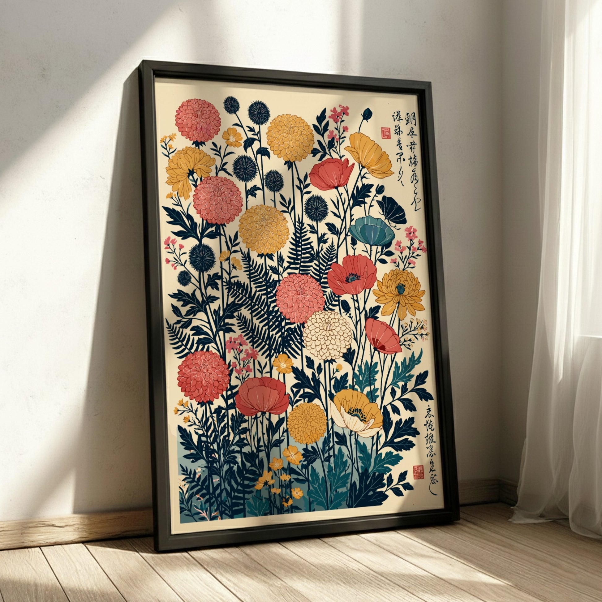 Japanese art style poster featuring a vibrant arrangement of navy, coral, and yellow flowers and ferns.