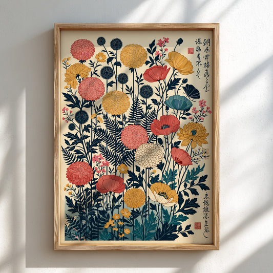 Japanese art style poster featuring a vibrant arrangement of navy, coral, and yellow flowers and ferns.