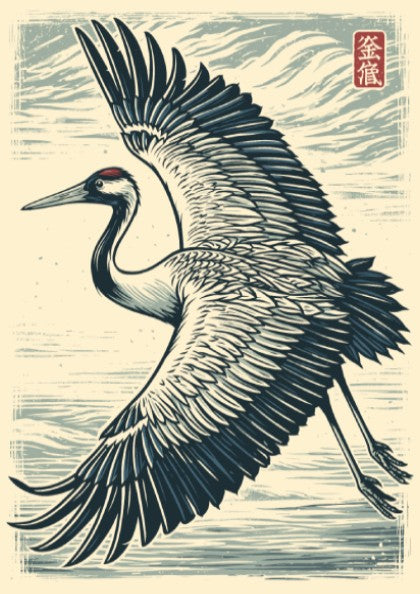 Japanese art style poster of a flying crane with wings spread, in shades of blue and white.