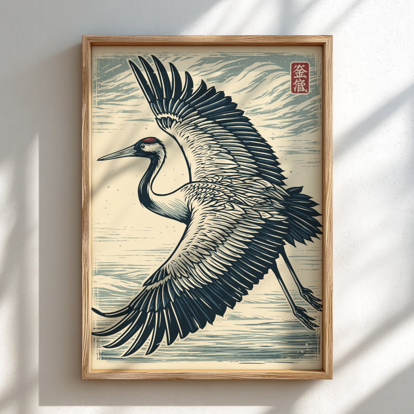 Japanese art style poster of a flying crane with wings spread, in shades of blue and white.