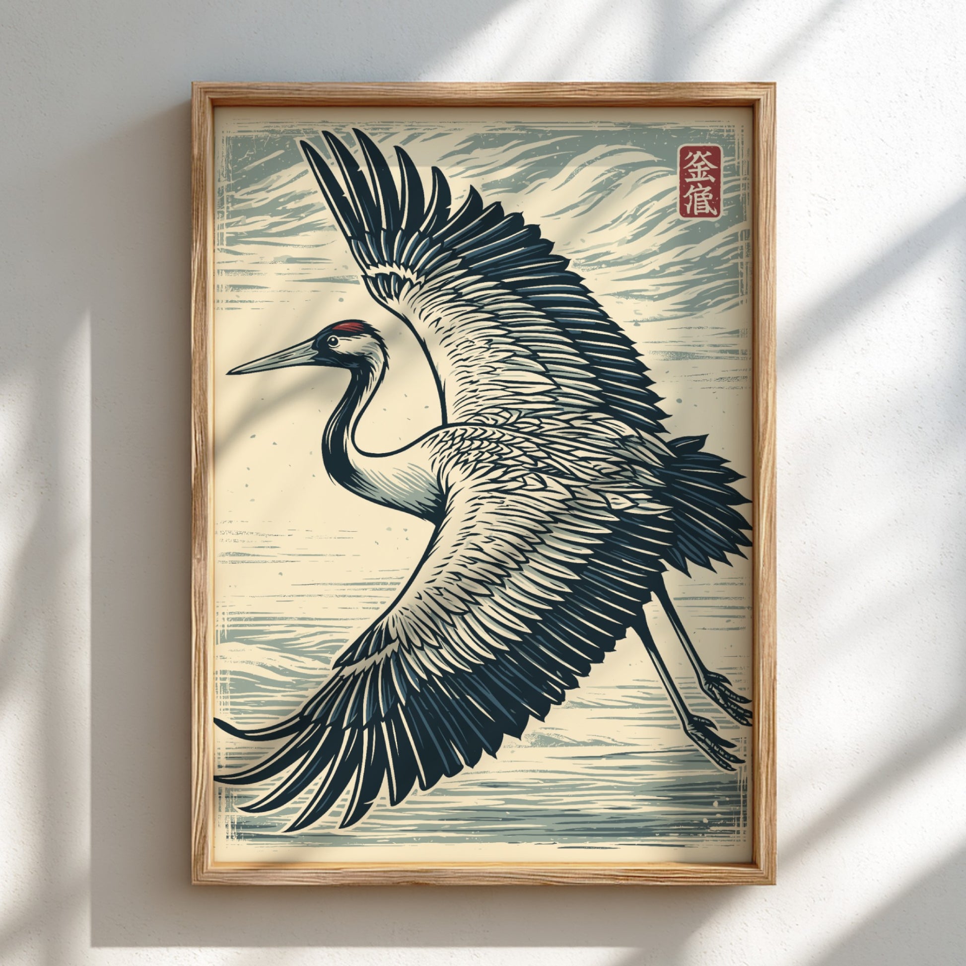 Japanese art style poster of a flying crane with wings spread, in shades of blue and white.
