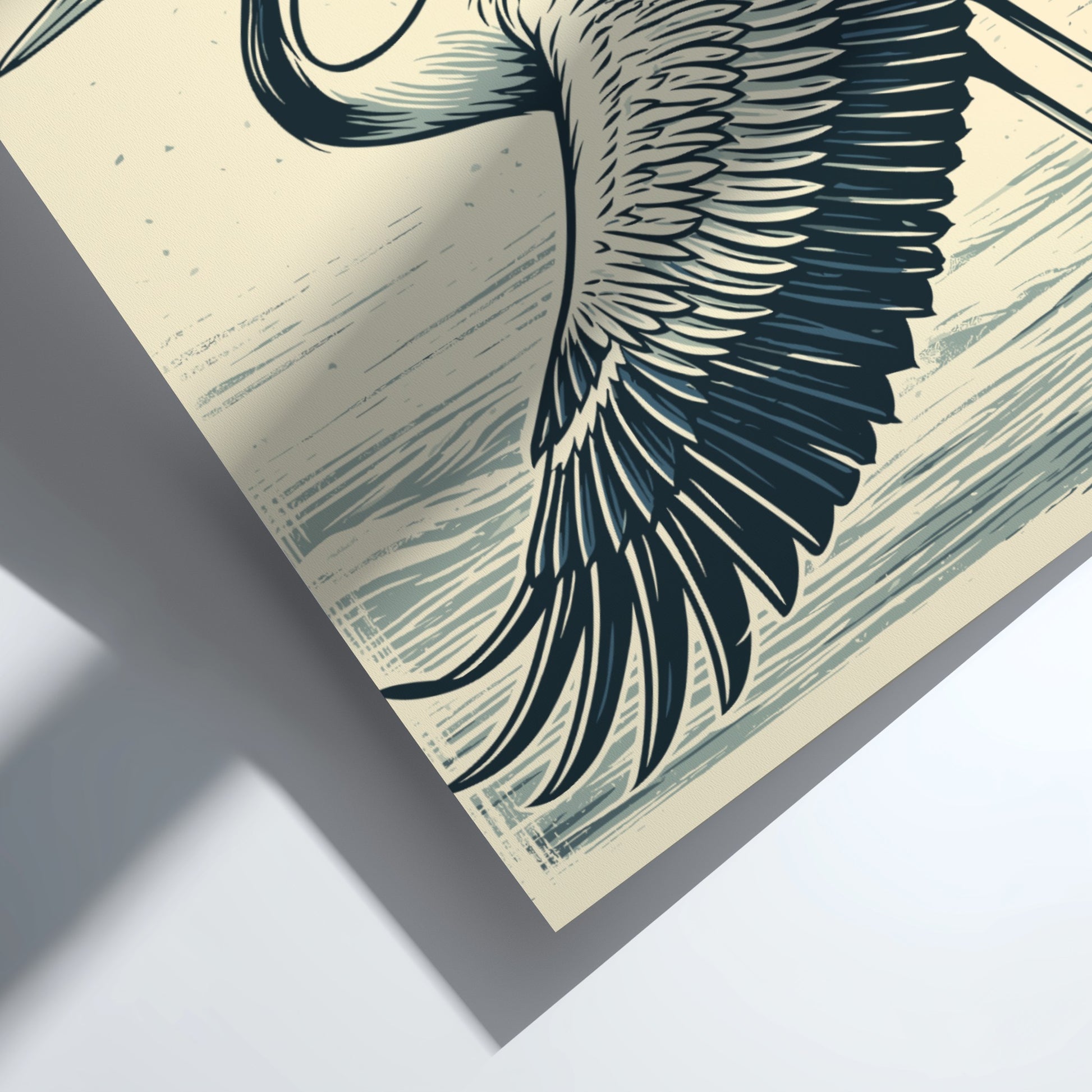 Japanese art style poster of a flying crane with wings spread, in shades of blue and white.
