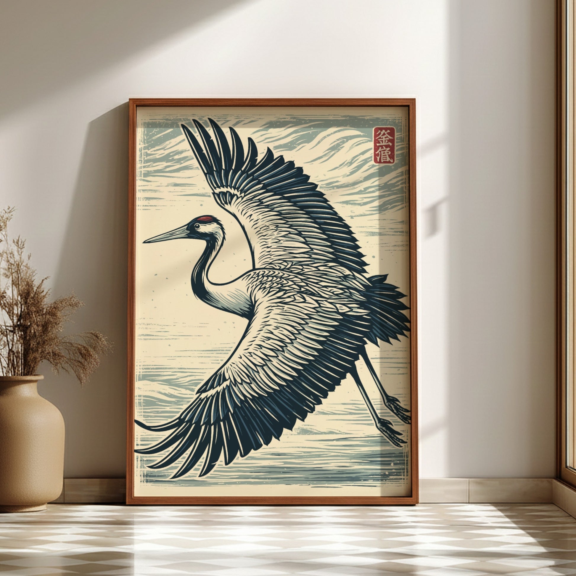 Japanese art style poster of a flying crane with wings spread, in shades of blue and white.