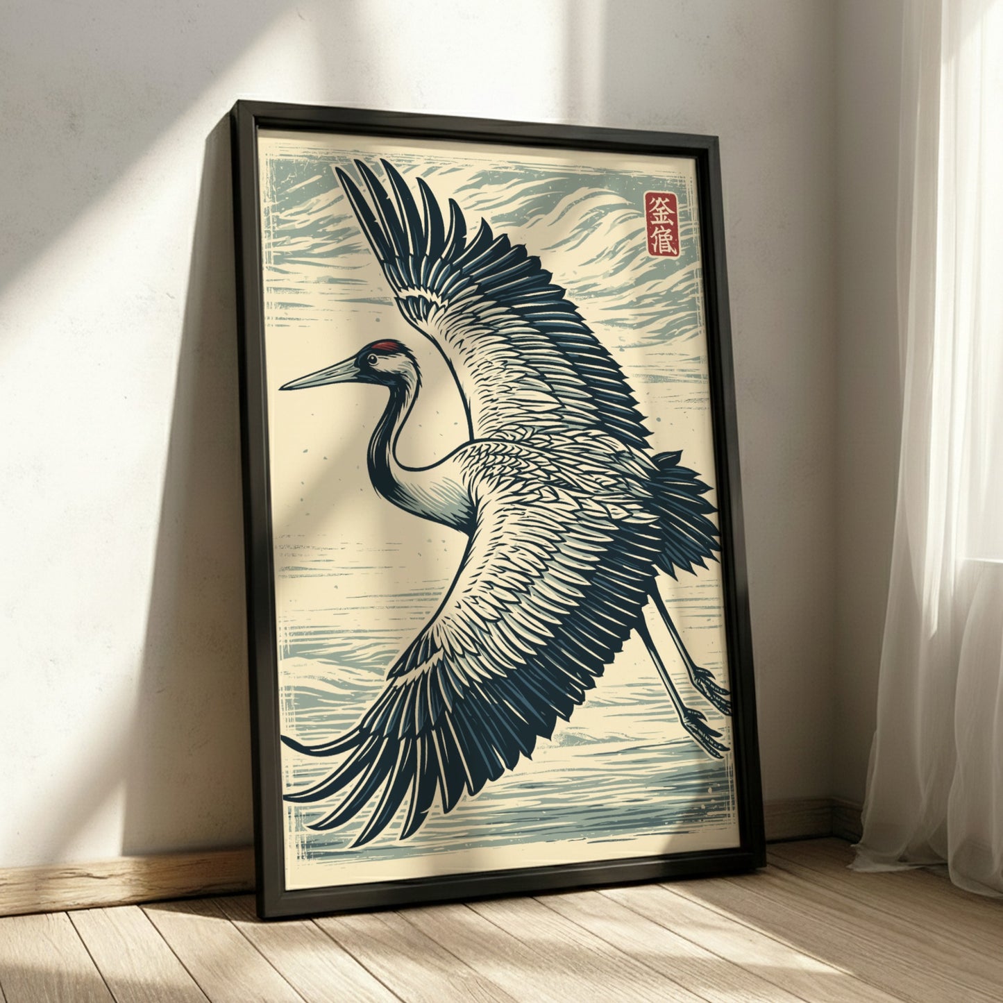 Japanese art style poster of a flying crane with wings spread, in shades of blue and white.