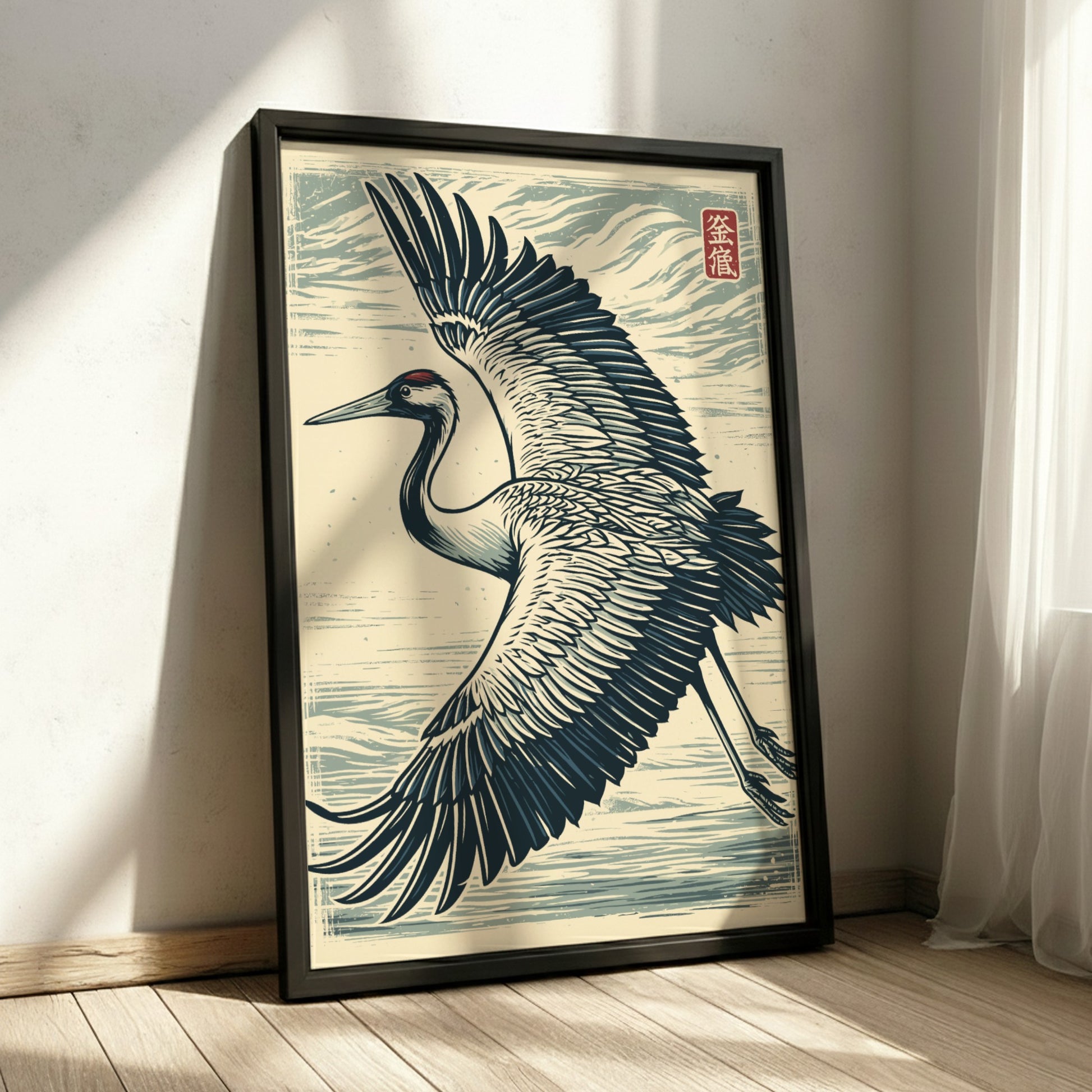 Japanese art style poster of a flying crane with wings spread, in shades of blue and white.