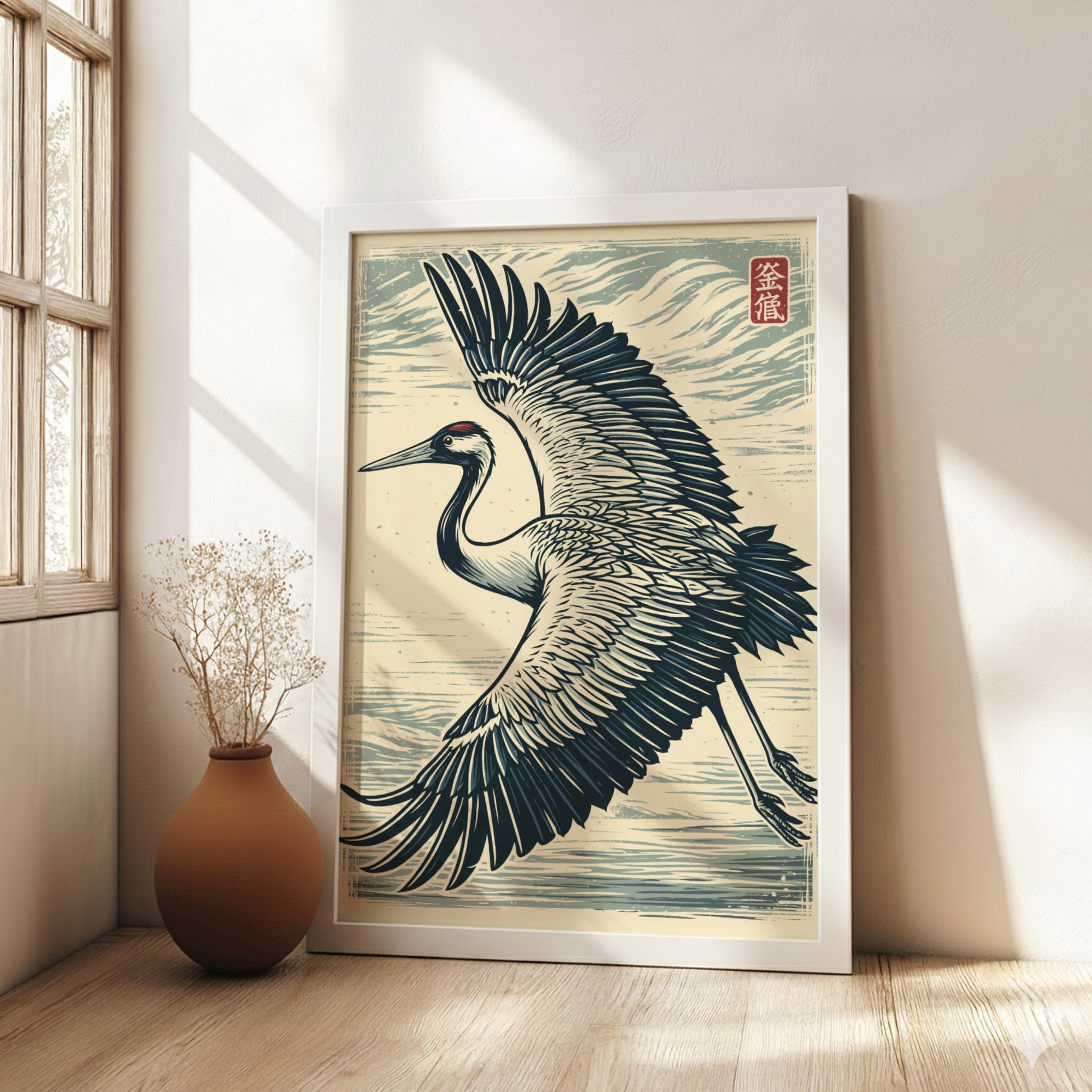 Japanese art style poster of a flying crane with wings spread, in shades of blue and white.