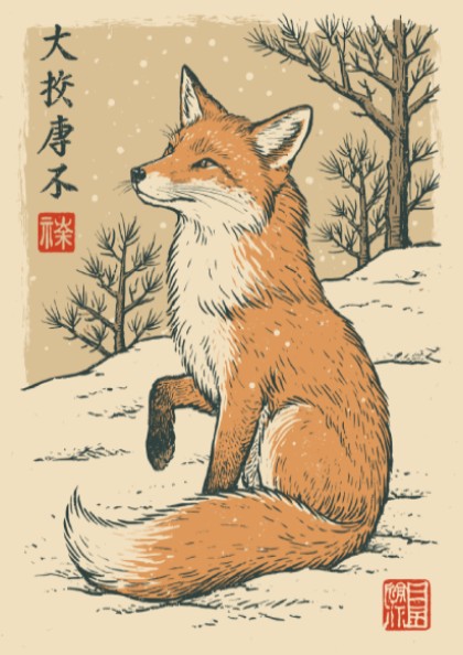 Japanese art style poster of a fox in a snowy winter landscape with pine trees.