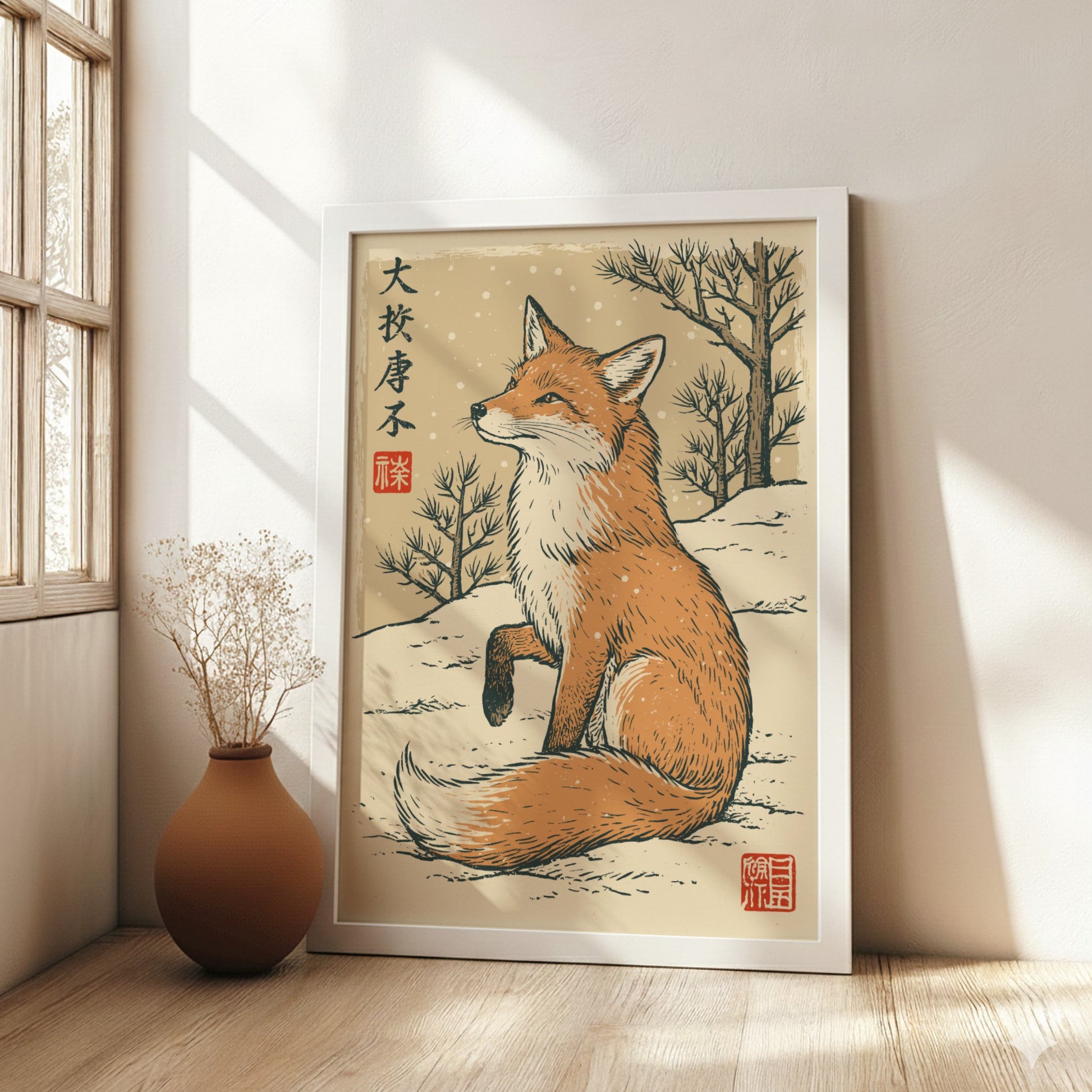 Japanese art style poster of a fox in a snowy winter landscape with pine trees.