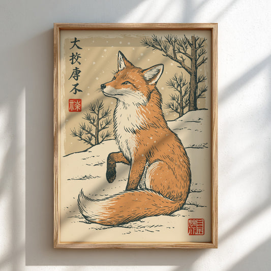 Japanese art style poster of a fox in a snowy winter landscape with pine trees.