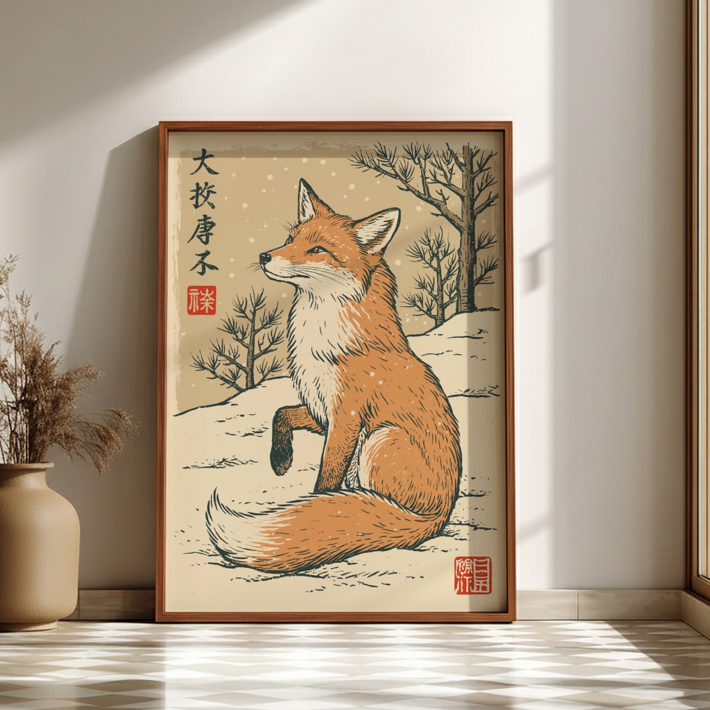 Japanese art style poster of a fox in a snowy winter landscape with pine trees.