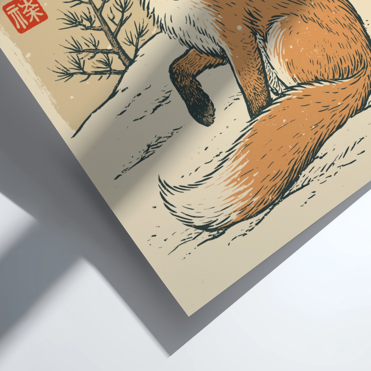 Japanese art style poster of a fox in a snowy winter landscape with pine trees.