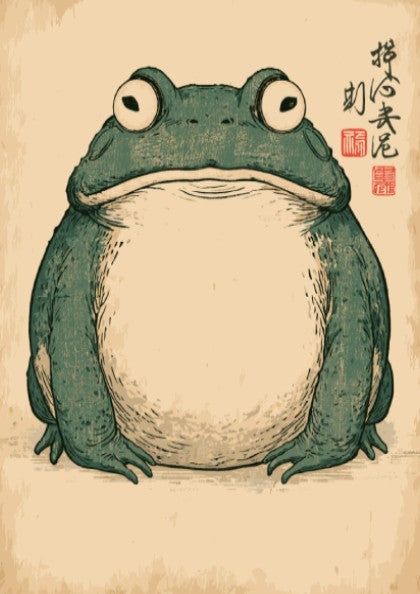 Japanese Frog Ukiyo-e style poster with a green frog on a textured background.