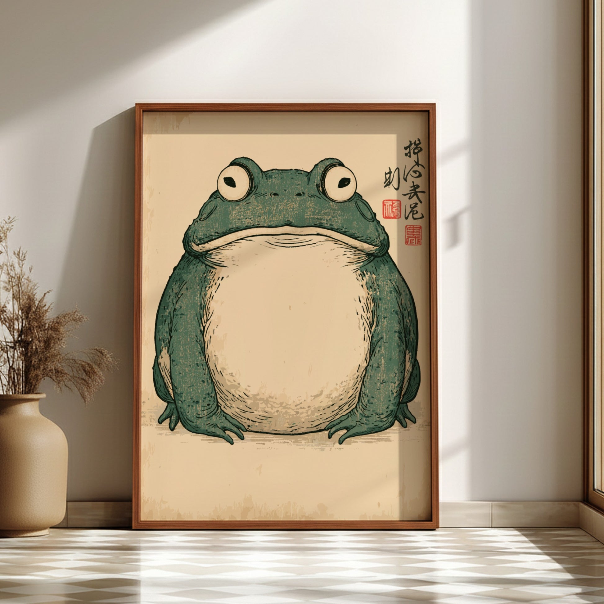 Japanese Frog Ukiyo-e style poster with a green frog on a textured background.