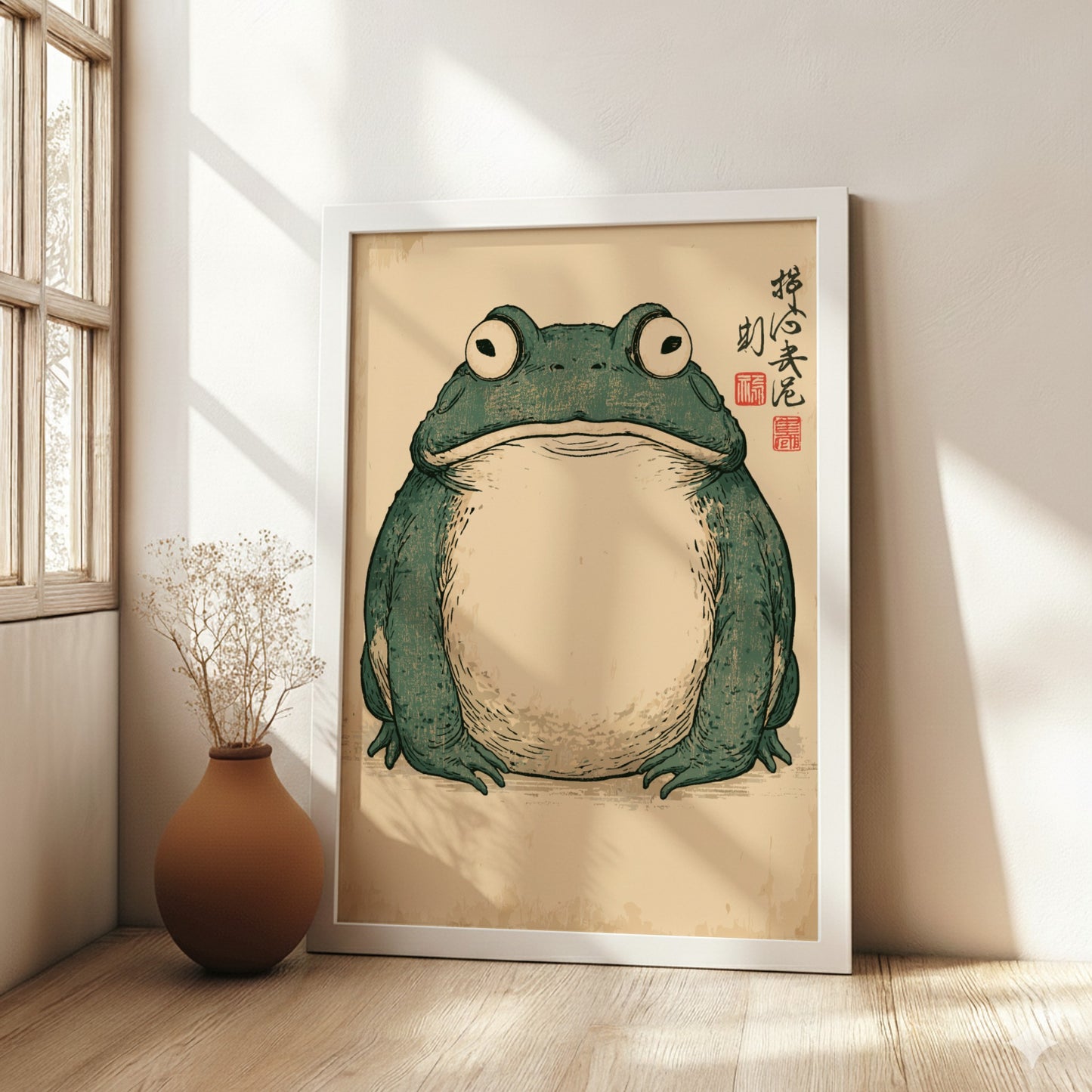 Japanese Frog Ukiyo-e style poster with a green frog on a textured background.