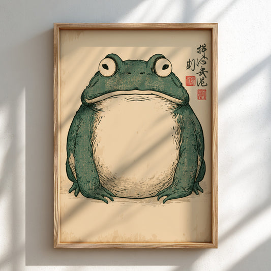 Japanese Frog Ukiyo-e style poster with a green frog on a textured background.