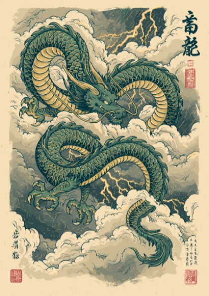 Japanese art style poster of a green dragon in clouds with lightning, muted colors.