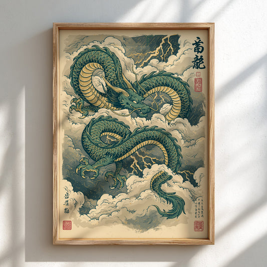 Japanese art style poster of a green dragon in clouds with lightning, muted colors.