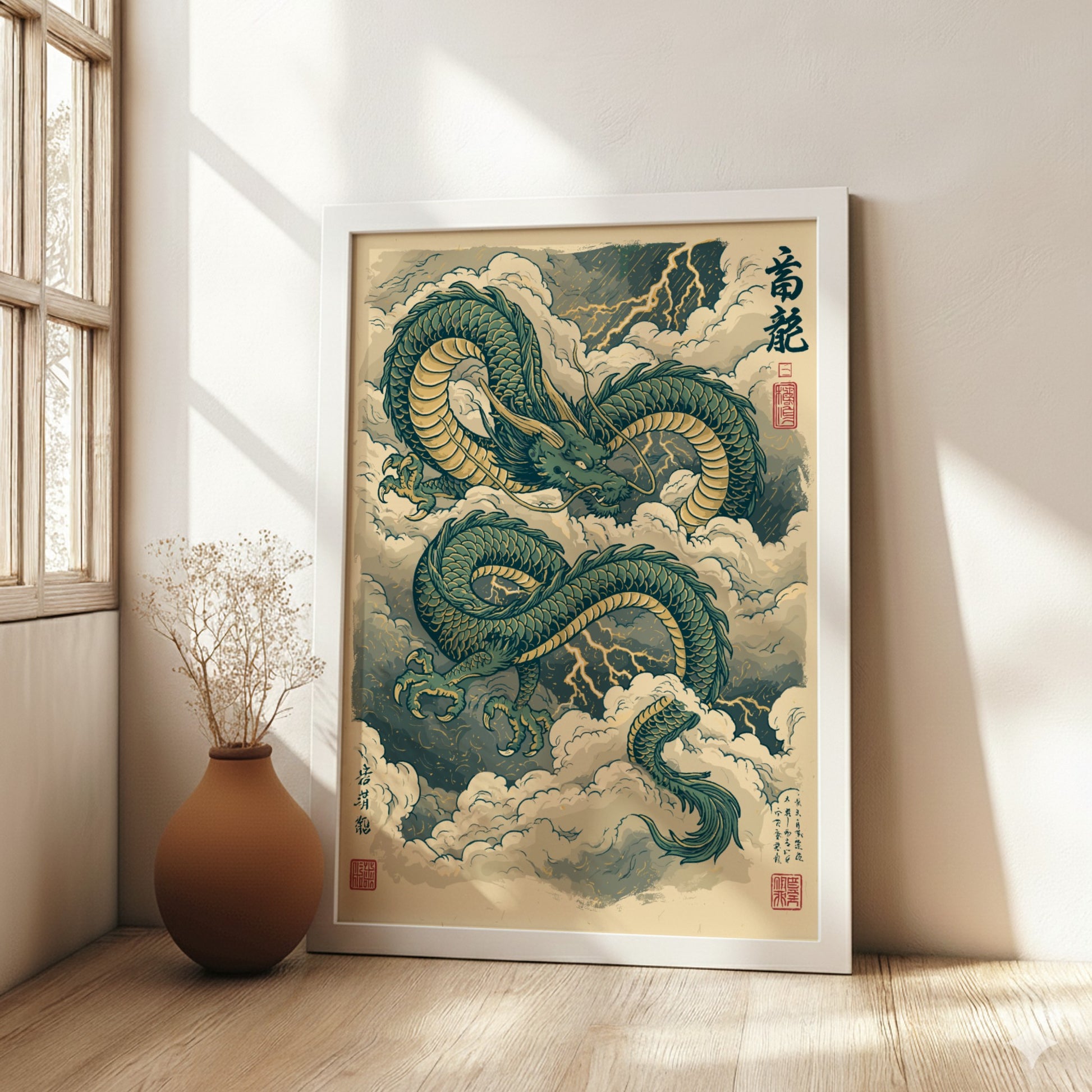 Japanese art style poster of a green dragon in clouds with lightning, muted colors.