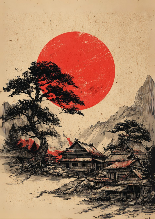 Traditional Japanese landscape with red sun, trees, and houses on a textured background