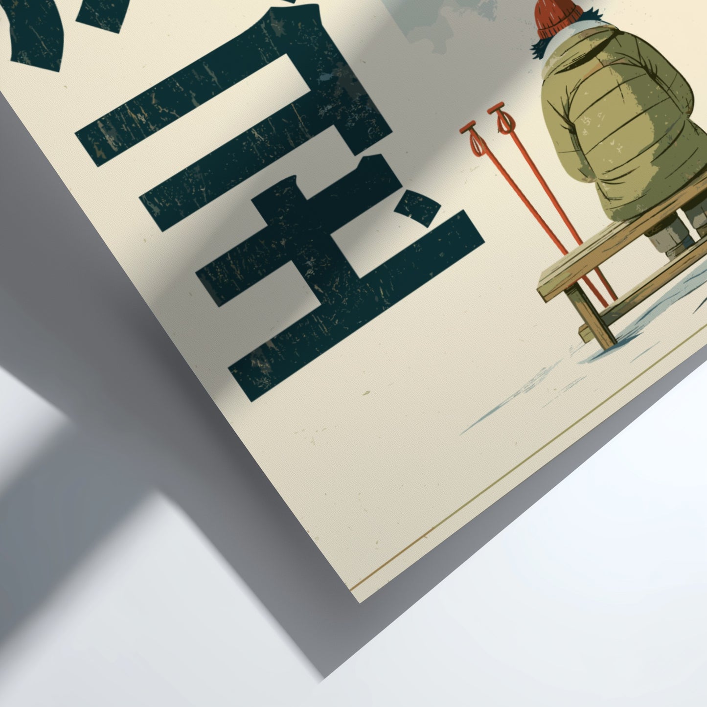 Japanese art style poster of a winter mountain scene with kanji text and a person on a bench.