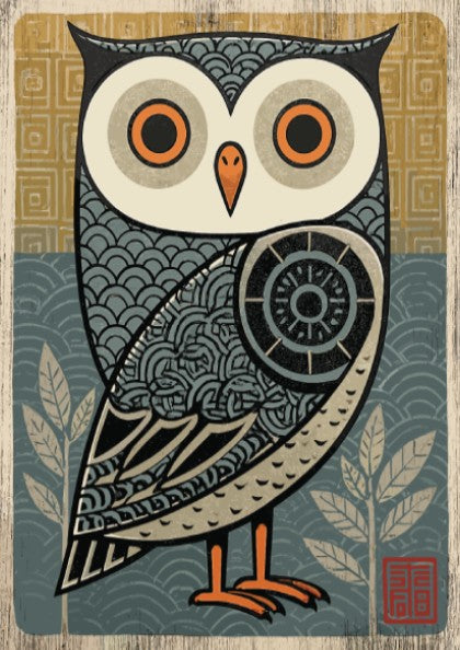 Japanese art style poster featuring a stylized owl with intricate patterns in blue, yellow, and cream.