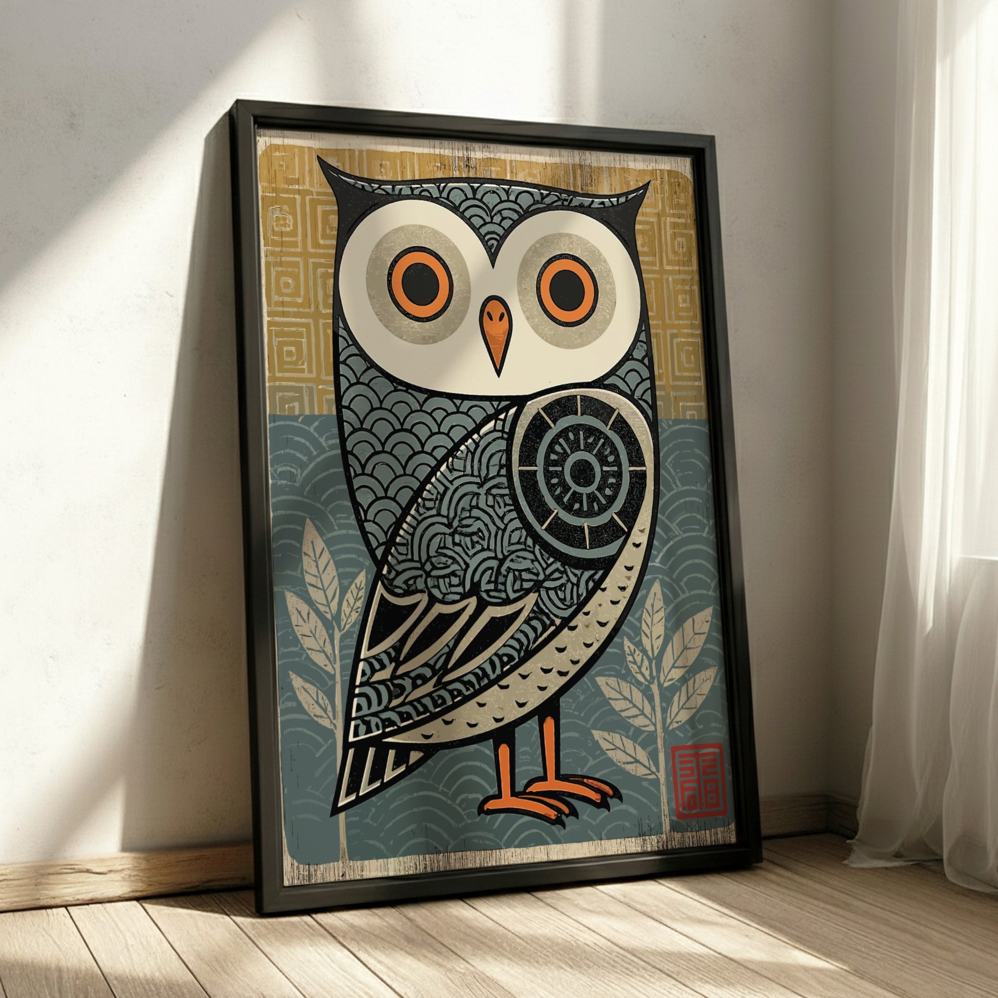 Japanese art style poster featuring a stylized owl with intricate patterns in blue, yellow, and cream.