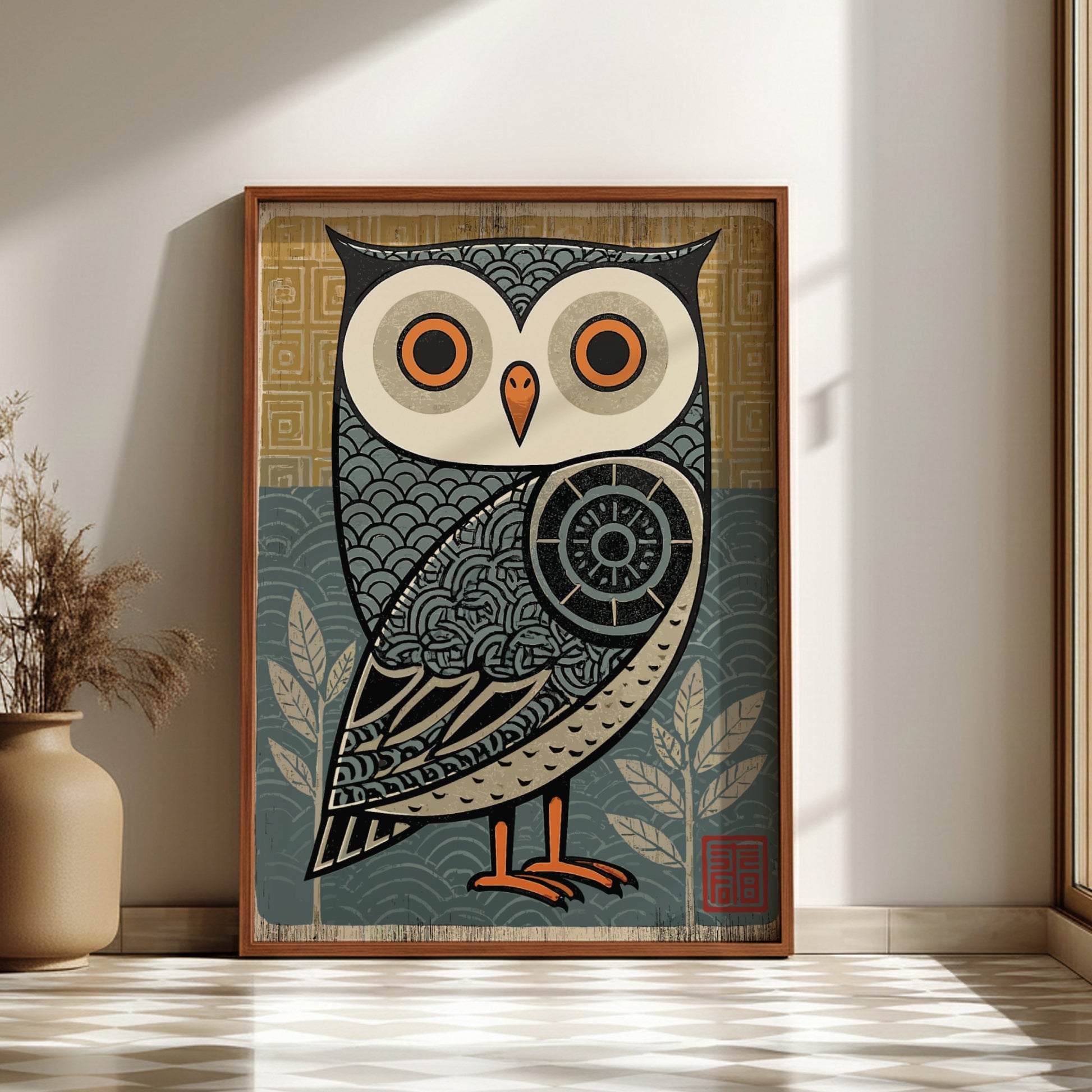 Japanese art style poster featuring a stylized owl with intricate patterns in blue, yellow, and cream.