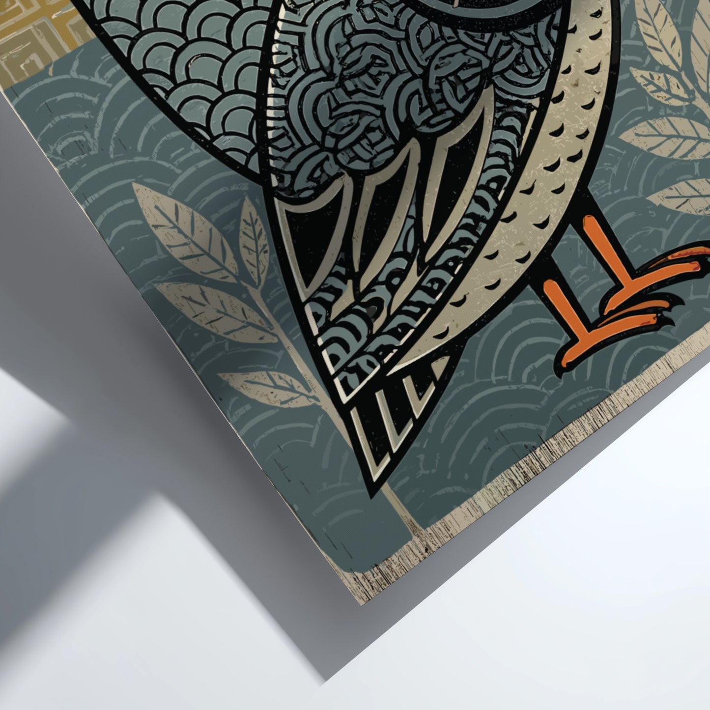 Japanese art style poster featuring a stylized owl with intricate patterns in blue, yellow, and cream.