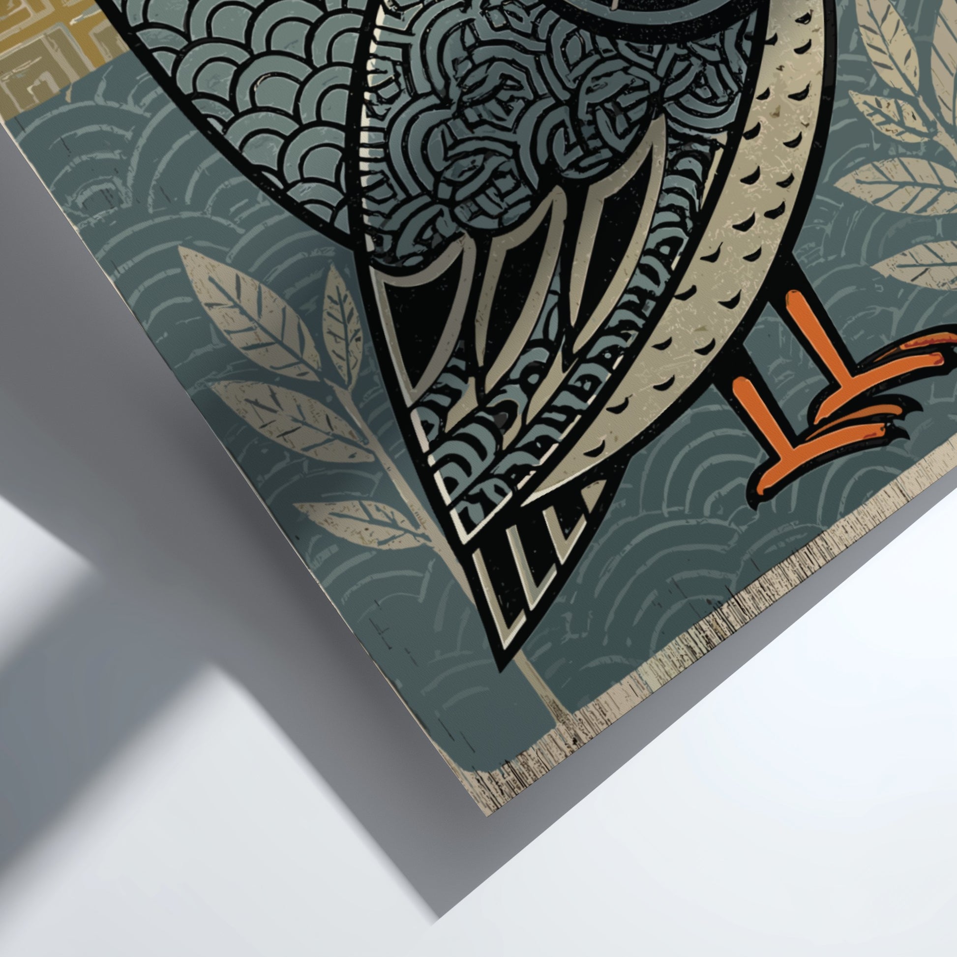 Japanese art style poster featuring a stylized owl with intricate patterns in blue, yellow, and cream.