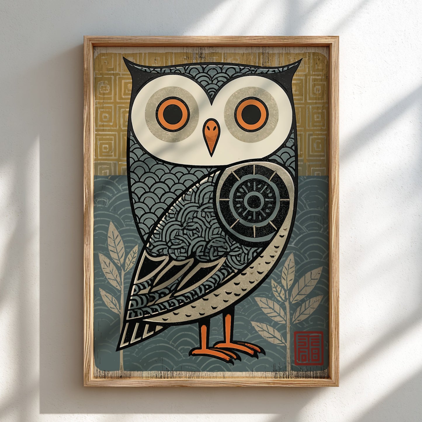 Japanese art style poster featuring a stylized owl with intricate patterns in blue, yellow, and cream.